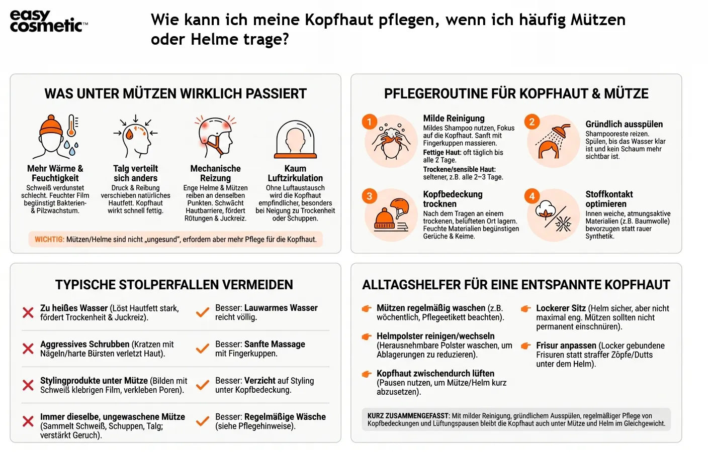 Wie kann ich meine Kopfhaut pflegen, wenn ich häufig Mützen oder Helme trage?