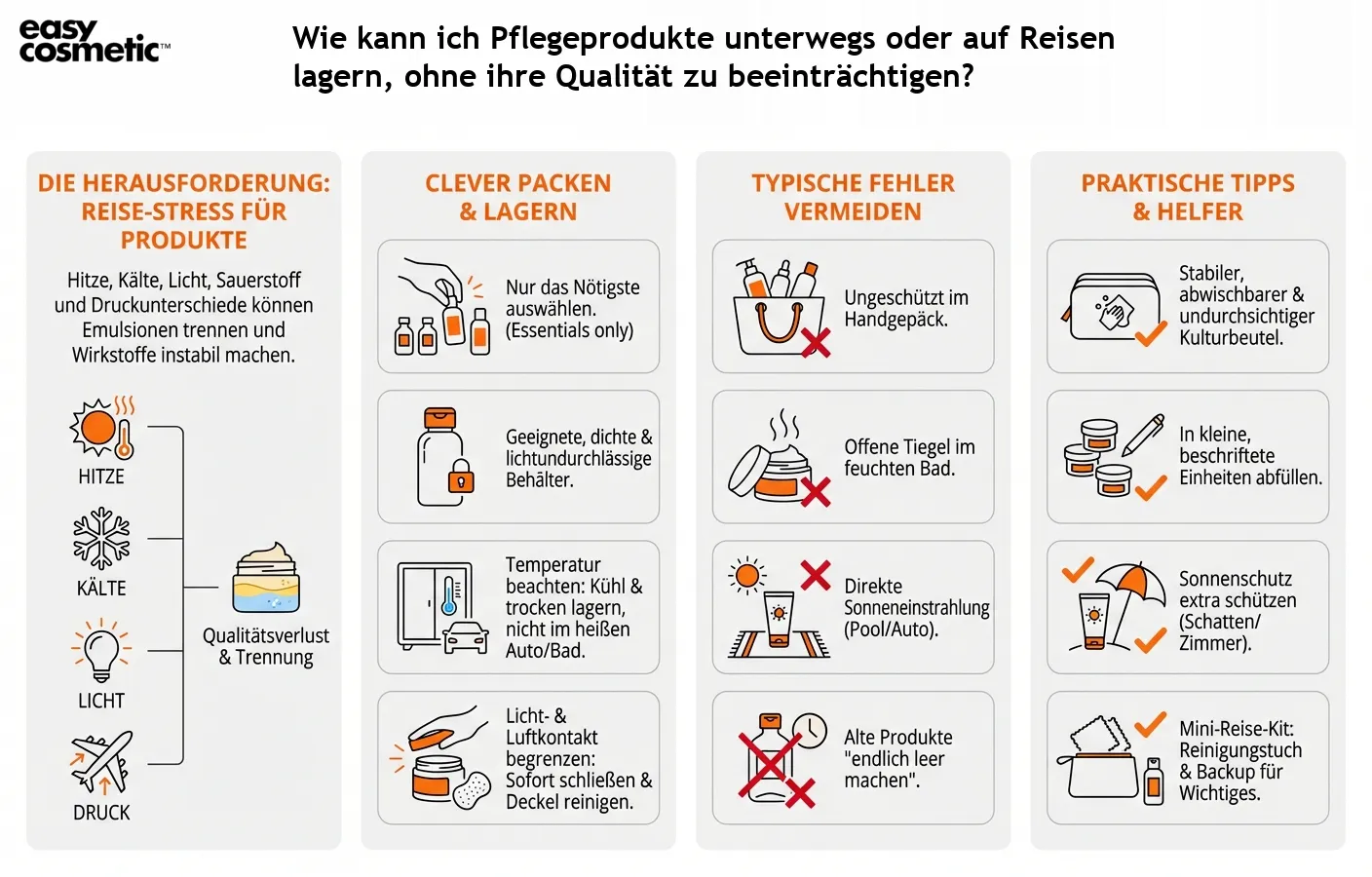 Wie kann ich Pflegeprodukte unterwegs oder auf Reisen lagern, ohne ihre Qualität zu beeinträchtigen?