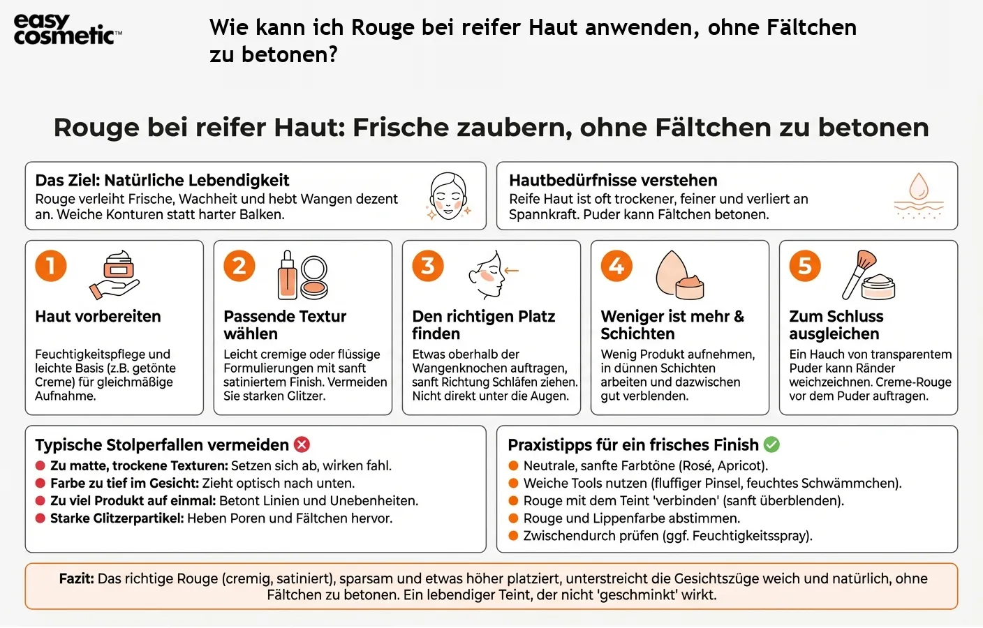 Wie kann ich Rouge bei reifer Haut anwenden, ohne Fältchen zu betonen?