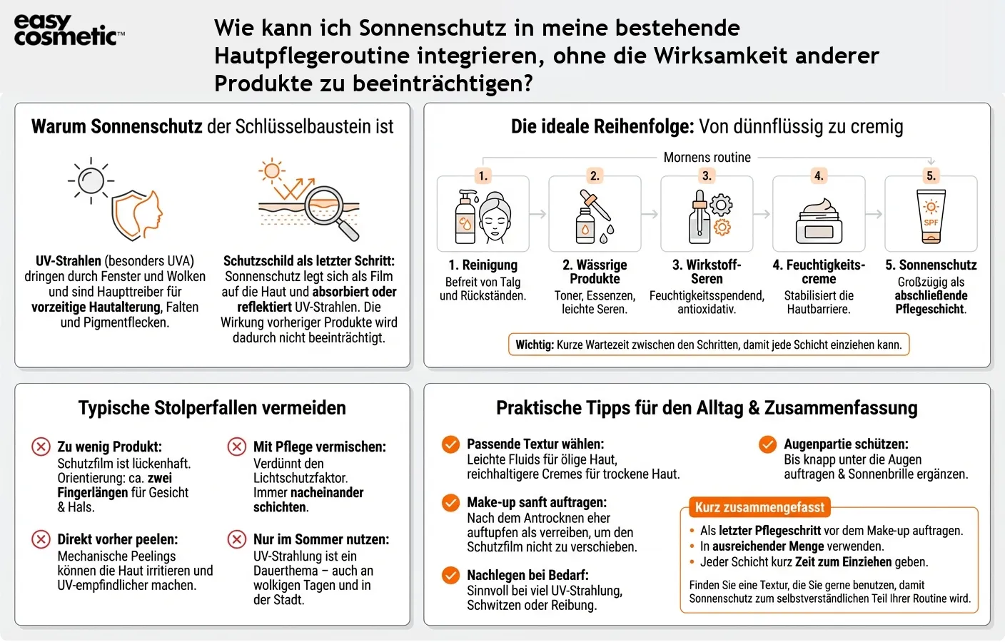 Wie kann ich Sonnenschutz in meine bestehende Hautpflegeroutine integrieren, ohne die Wirksamkeit anderer Produkte zu beeinträchtigen?
