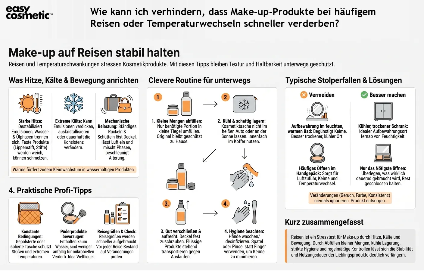 Wie kann ich verhindern, dass Make-up-Produkte bei häufigem Reisen oder Temperaturwechseln schneller verderben?
