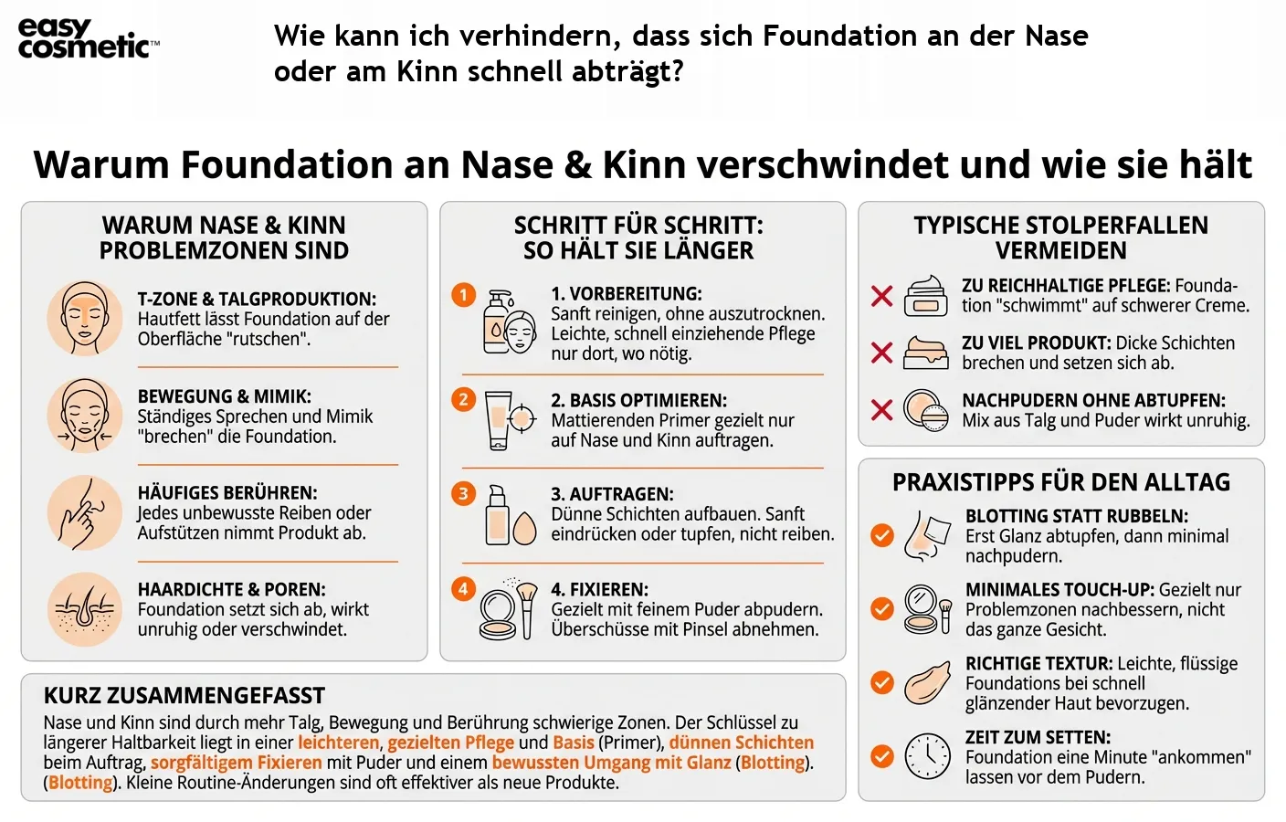 Wie kann ich verhindern, dass sich Foundation an der Nase oder am Kinn schnell abträgt?