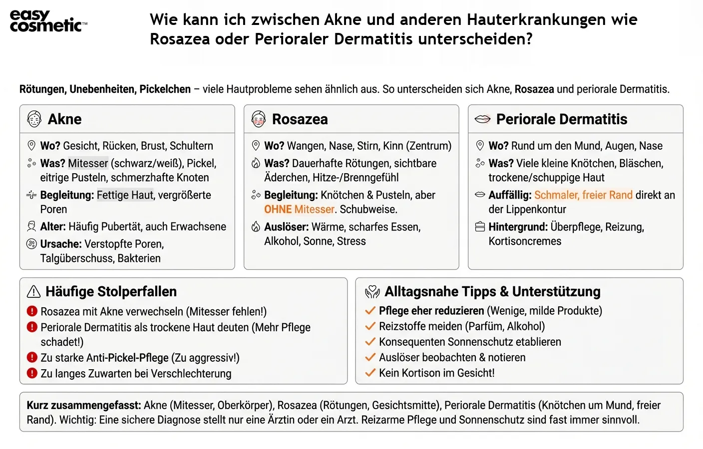 Wie kann ich zwischen Akne und anderen Hauterkrankungen wie Rosazea oder Perioraler Dermatitis unterscheiden?