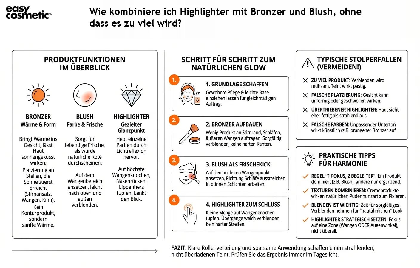 Wie kombiniere ich Highlighter mit Bronzer und Blush, ohne dass es zu viel wird?