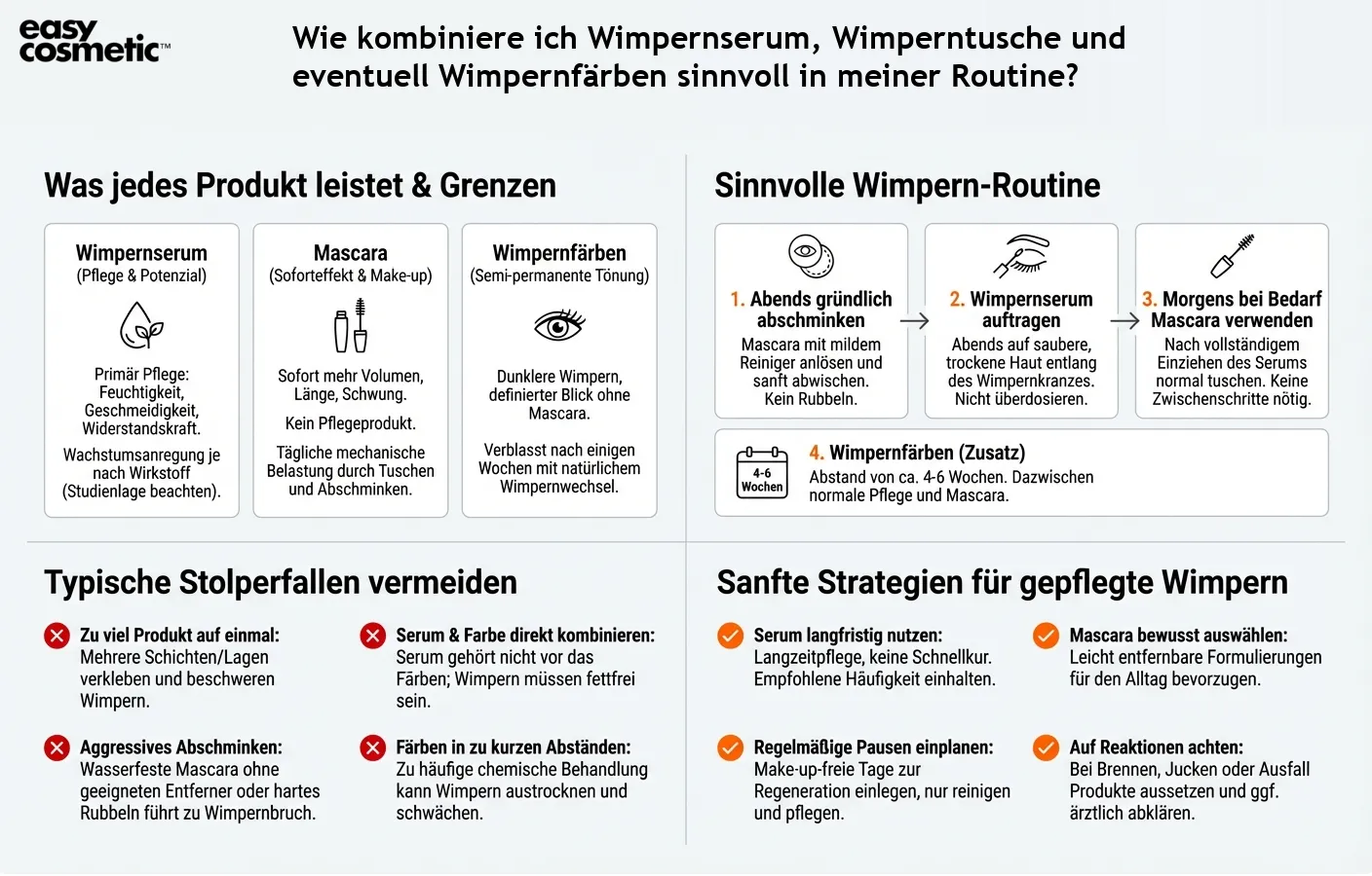 Wie kombiniere ich Wimpernserum, Wimperntusche und eventuell Wimpernfärben sinnvoll in meiner Routine?