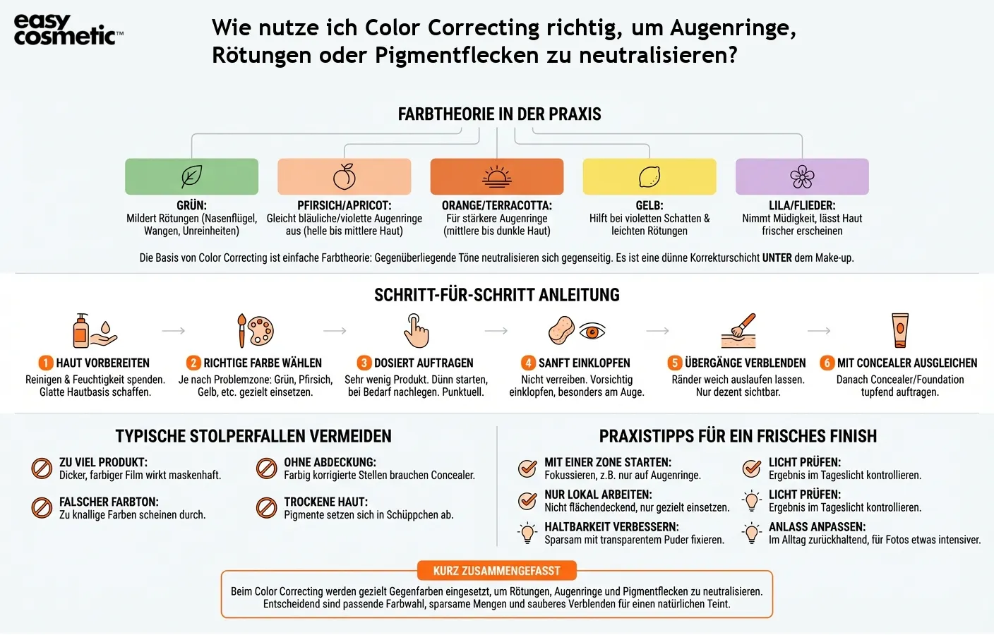 Wie nutze ich Color Correcting richtig, um Augenringe, Rötungen oder Pigmentflecken zu neutralisieren?