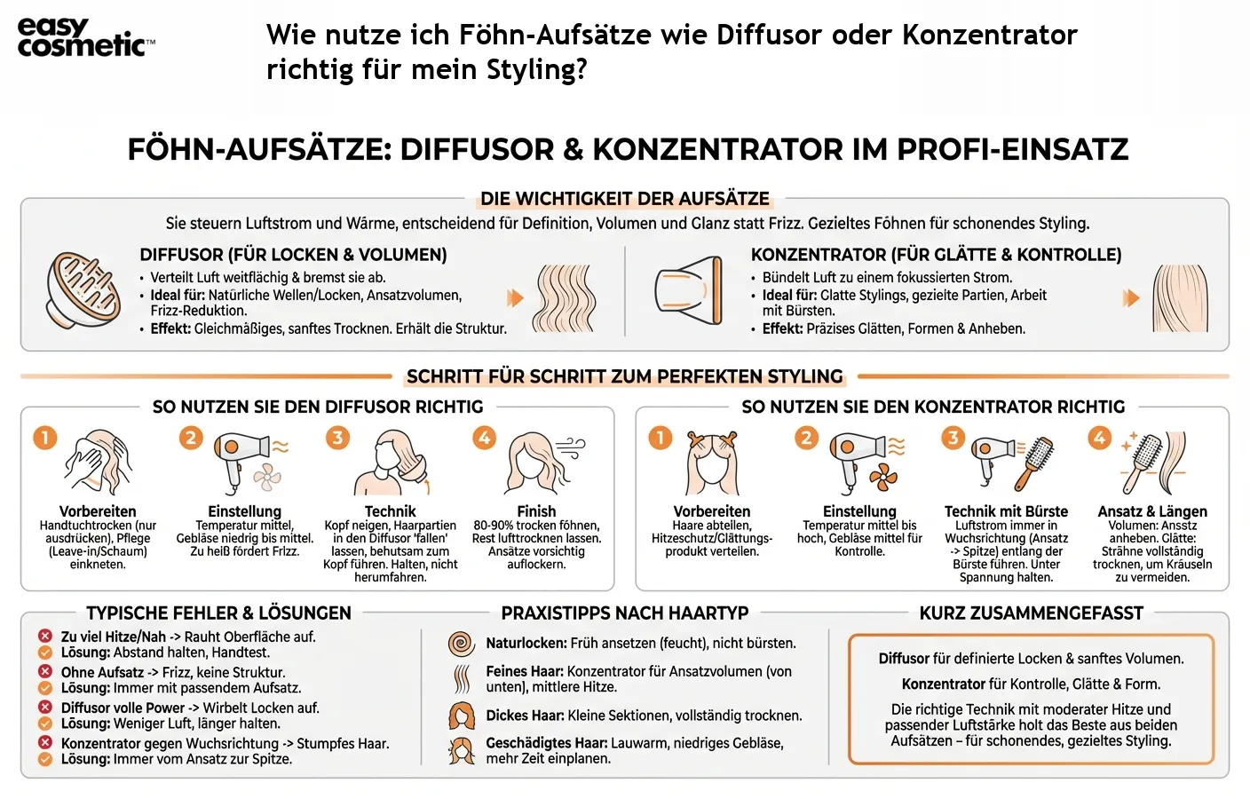 Wie nutze ich Föhn-Aufsätze wie Diffusor oder Konzentrator richtig für mein Styling?