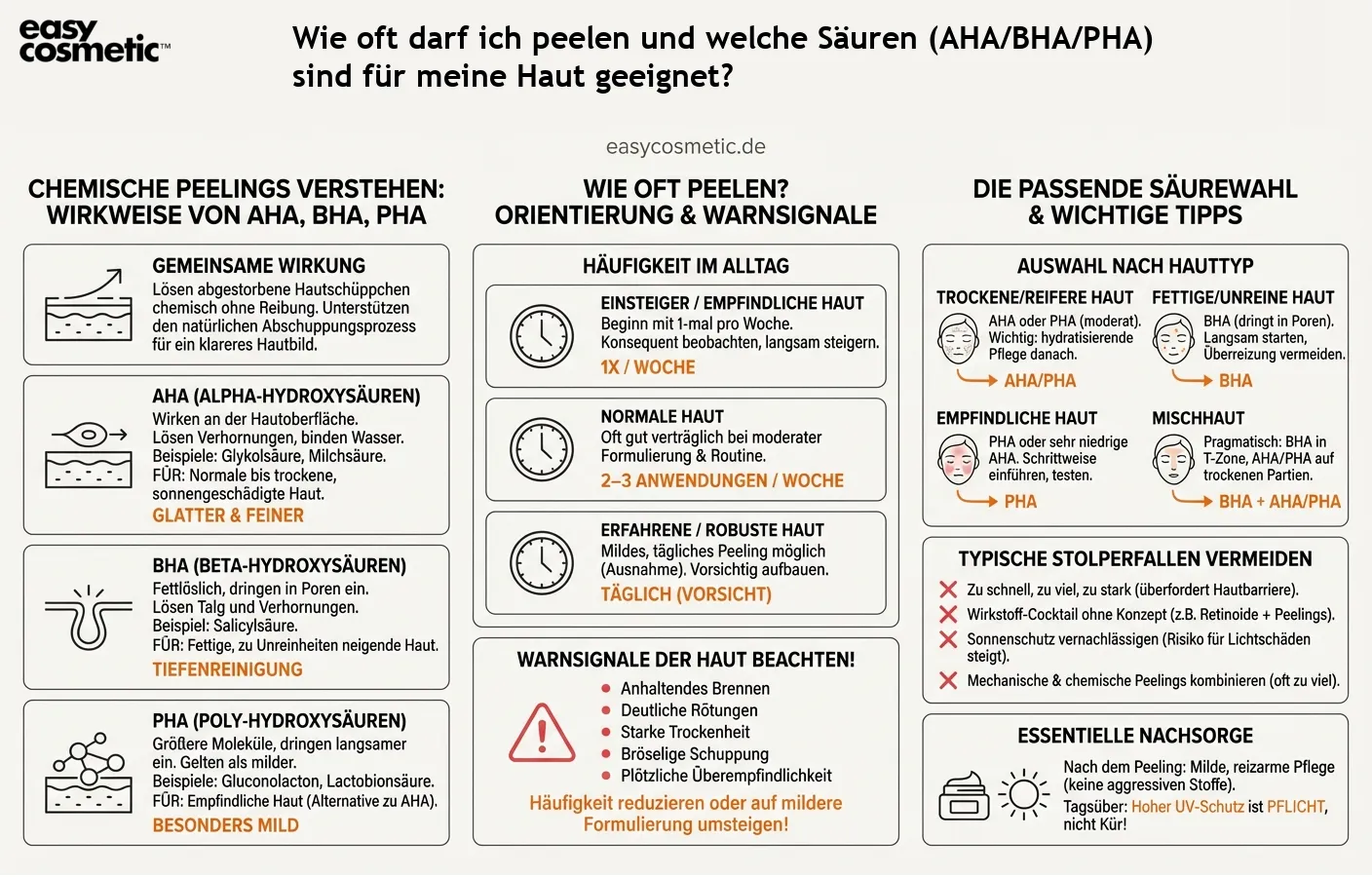 Wie oft darf ich peelen und welche Säuren (AHA/BHA/PHA) sind für meine Haut geeignet?