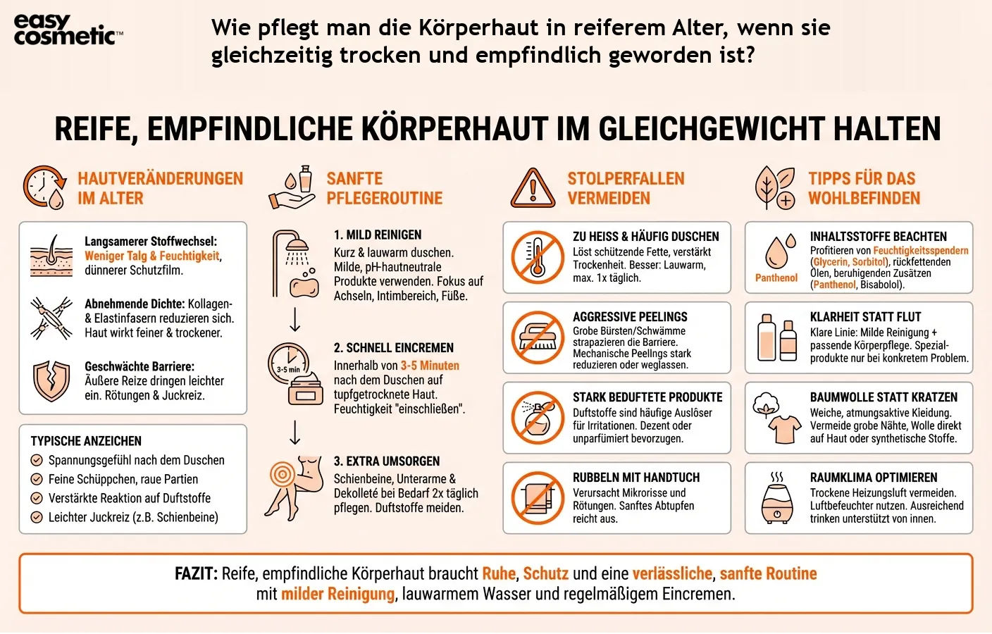 Wie pflegt man die Körperhaut in reiferem Alter, wenn sie gleichzeitig trocken und empfindlich geworden ist?