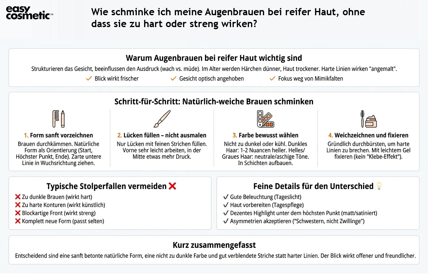 Wie schminke ich meine Augenbrauen bei reifer Haut, ohne dass sie zu hart oder streng wirken?