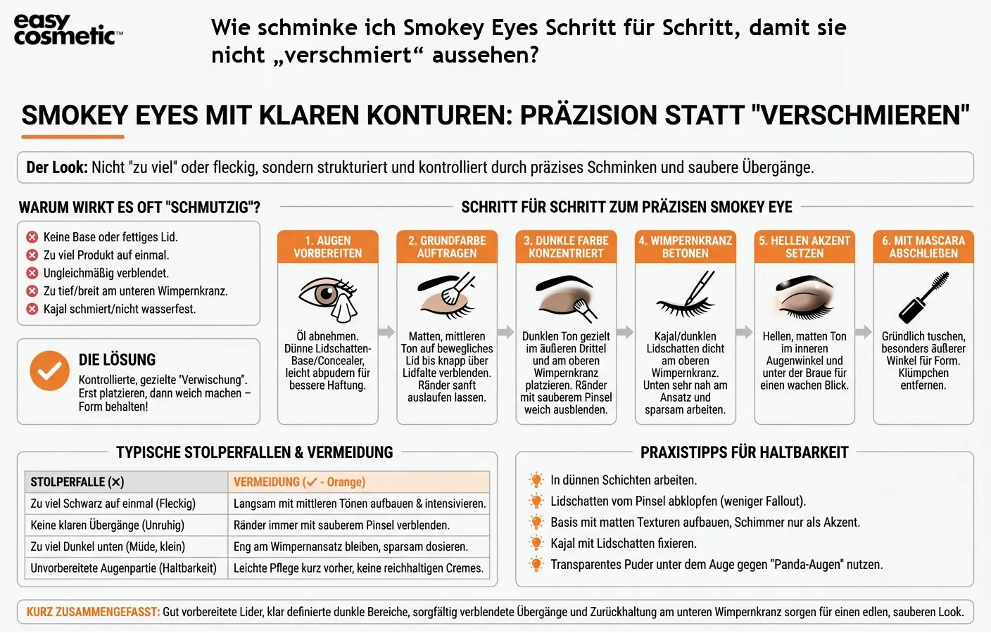 Wie schminke ich Smokey Eyes Schritt für Schritt, damit sie nicht „verschmiert“ aussehen?