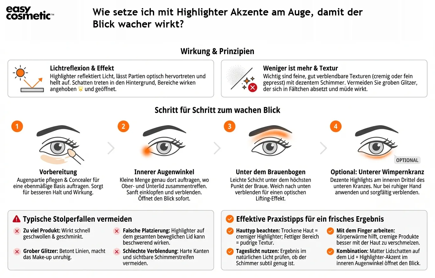 Wie setze ich mit Highlighter Akzente am Auge, damit der Blick wacher wirkt?