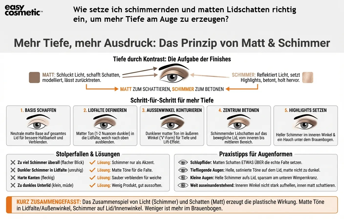 Wie setze ich schimmernden und matten Lidschatten richtig ein, um mehr Tiefe am Auge zu erzeugen?