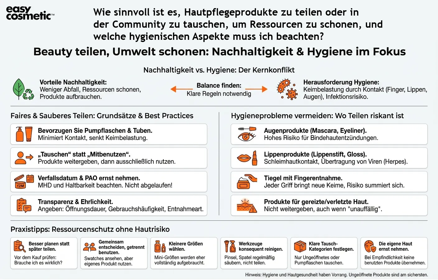 Wie sinnvoll ist es, Hautpflegeprodukte zu teilen oder in der Community zu tauschen, um Ressourcen zu schonen, und welche hygienischen Aspekte muss ich beachten?