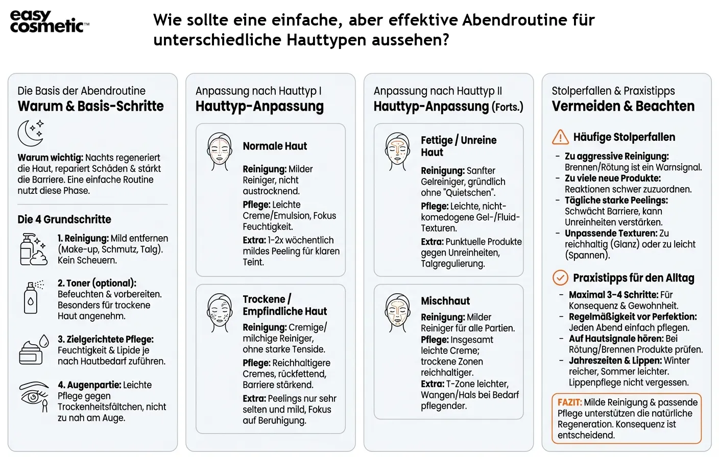 Wie sollte eine einfache, aber effektive Abendroutine für unterschiedliche Hauttypen aussehen?
