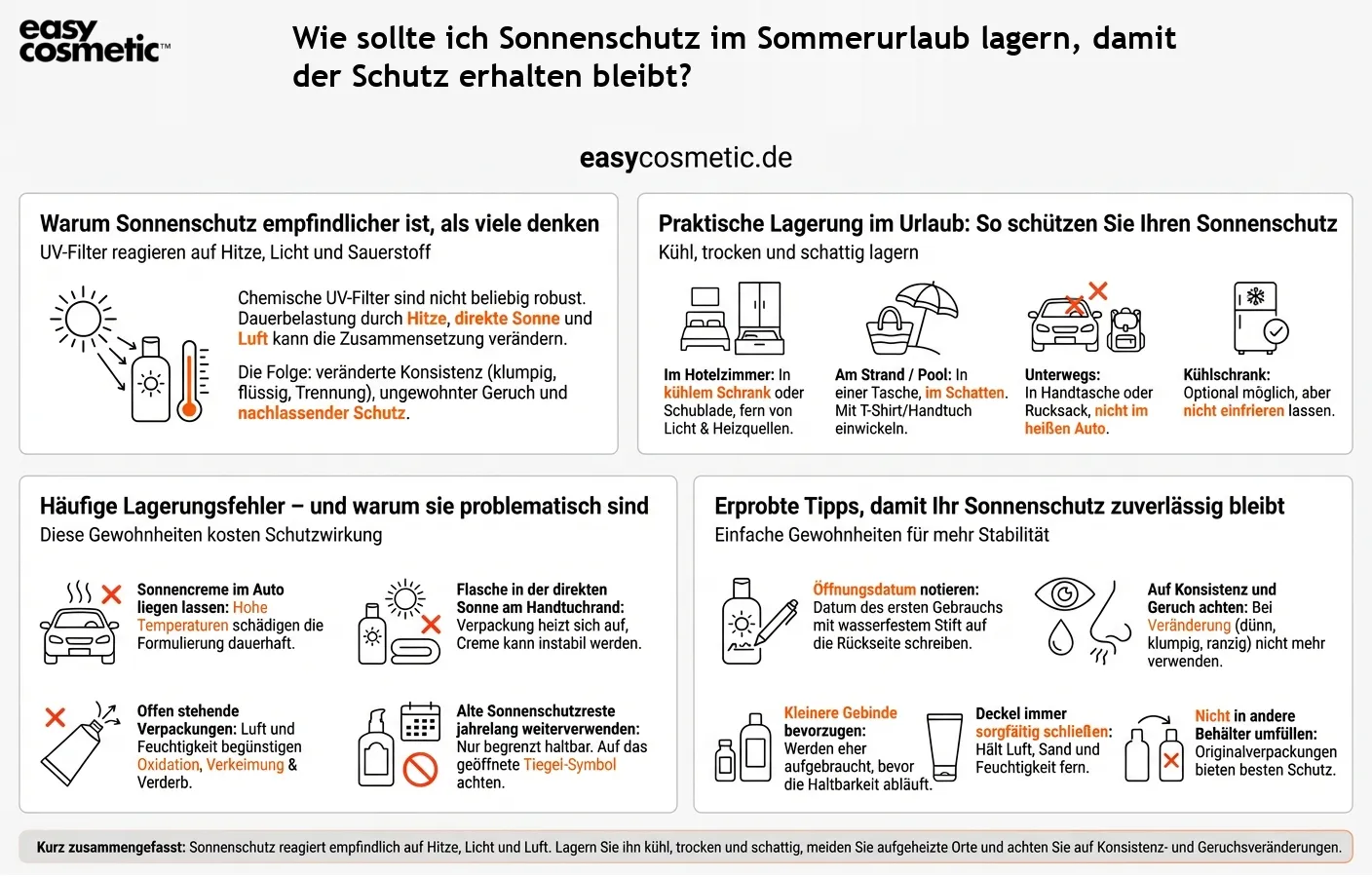 Wie sollte ich Sonnenschutz im Sommerurlaub lagern, damit der Schutz erhalten bleibt?