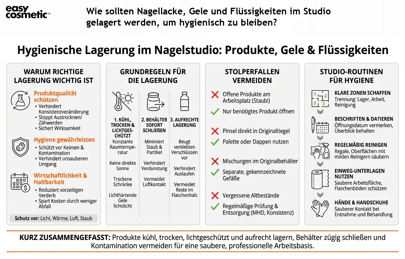 Wie sollten Nagellacke, Gele und Flüssigkeiten im Studio gelagert werden, um hygienisch zu bleiben?