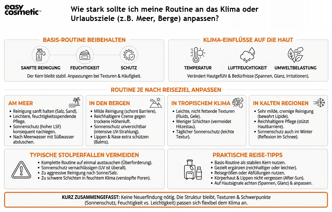 Wie stark sollte ich meine Routine an das Klima oder Urlaubsziele (z.B. Meer, Berge) anpassen?