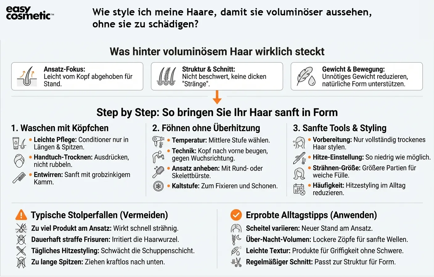 Wie style ich meine Haare, damit sie voluminöser aussehen, ohne sie zu schädigen?