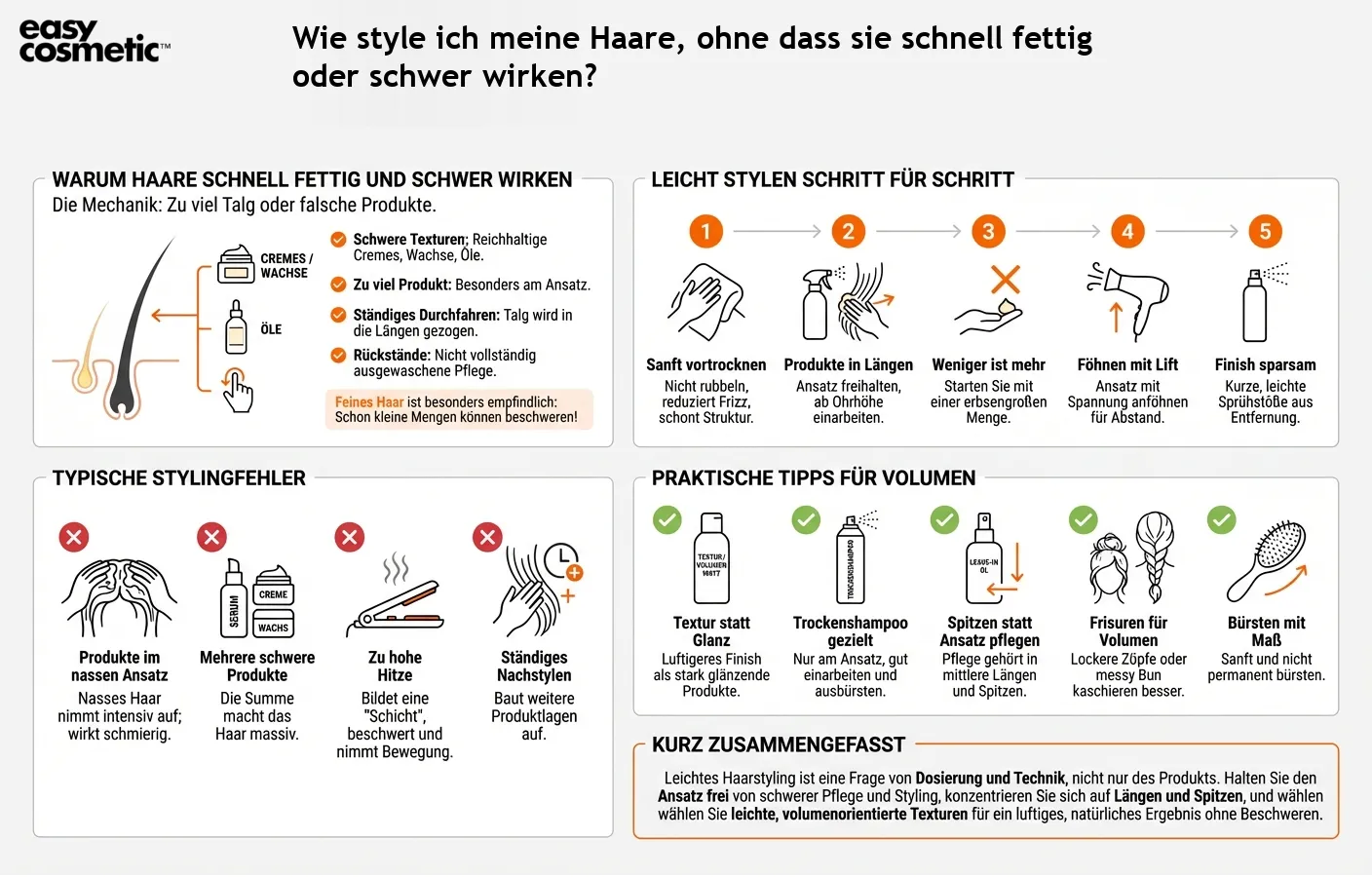 Wie style ich meine Haare, ohne dass sie schnell fettig oder schwer wirken?