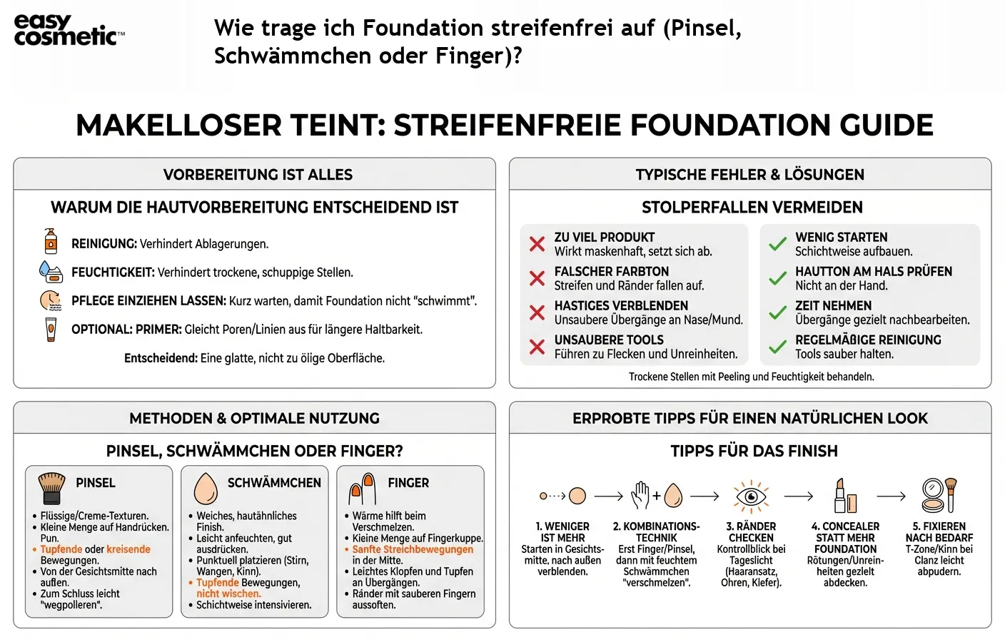 Wie trage ich Foundation streifenfrei auf (Pinsel, Schwämmchen oder Finger)?