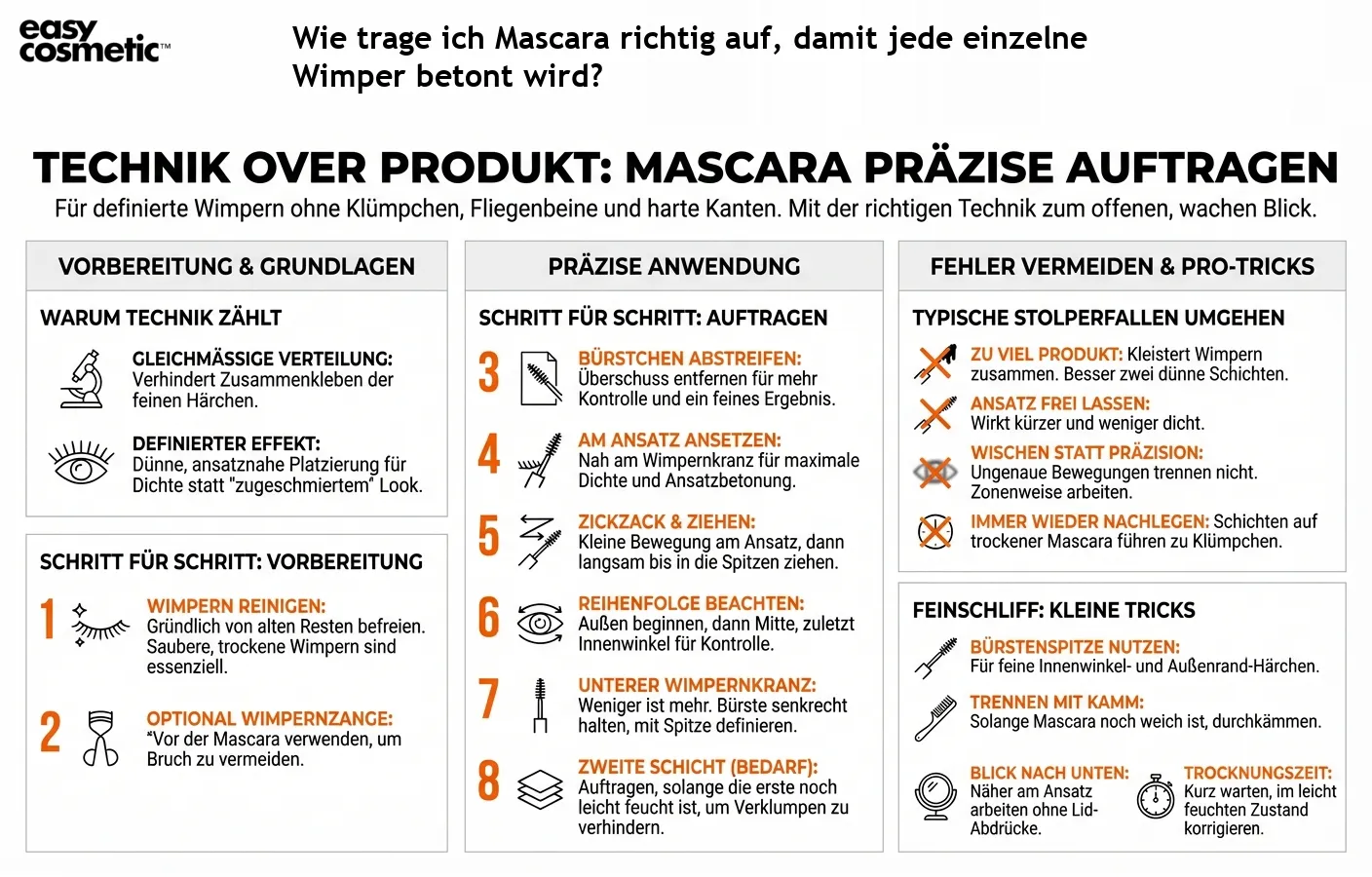 Wie trage ich Mascara richtig auf, damit jede einzelne Wimper betont wird?