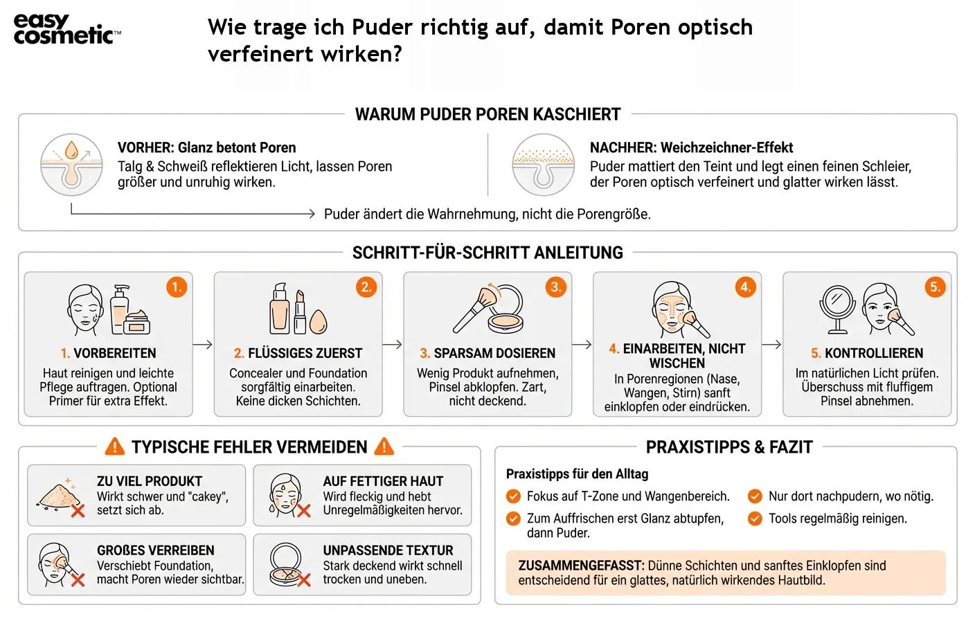 Wie trage ich Puder richtig auf, damit Poren optisch verfeinert wirken?