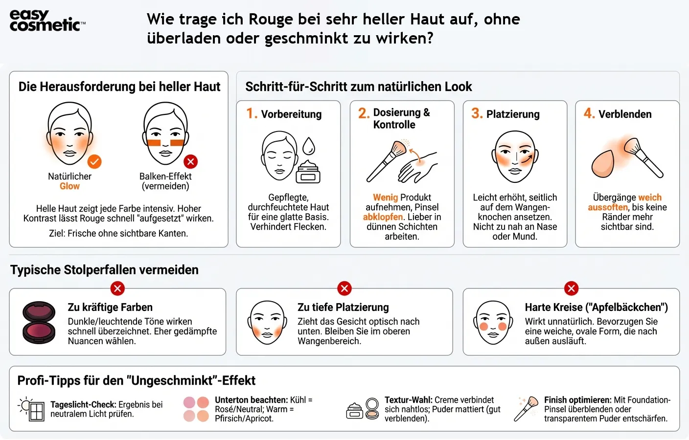 Wie trage ich Rouge bei sehr heller Haut auf, ohne überladen oder geschminkt zu wirken?