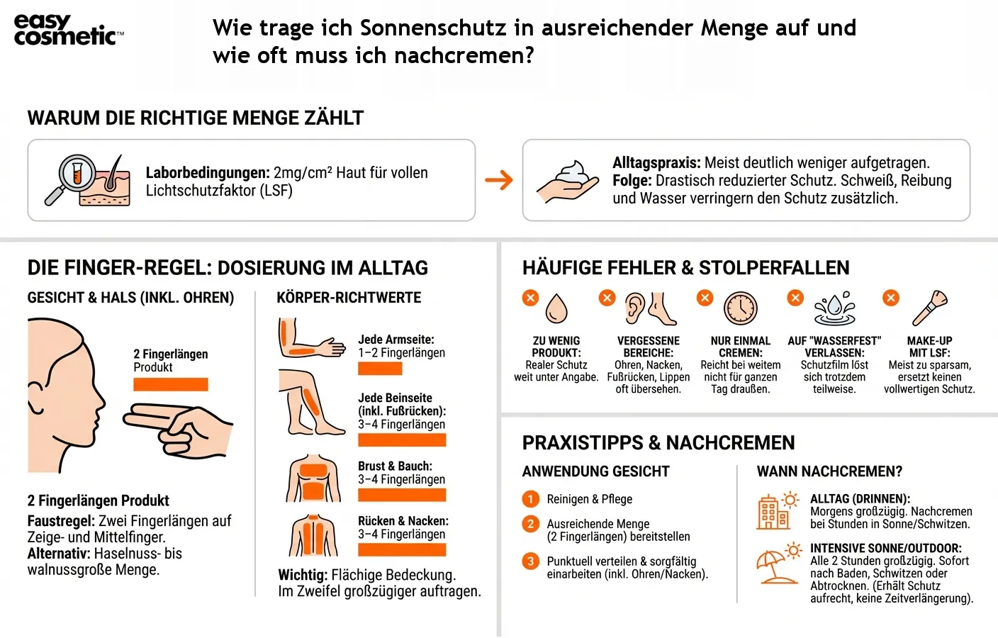 Wie trage ich Sonnenschutz in ausreichender Menge auf und wie oft muss ich nachcremen?