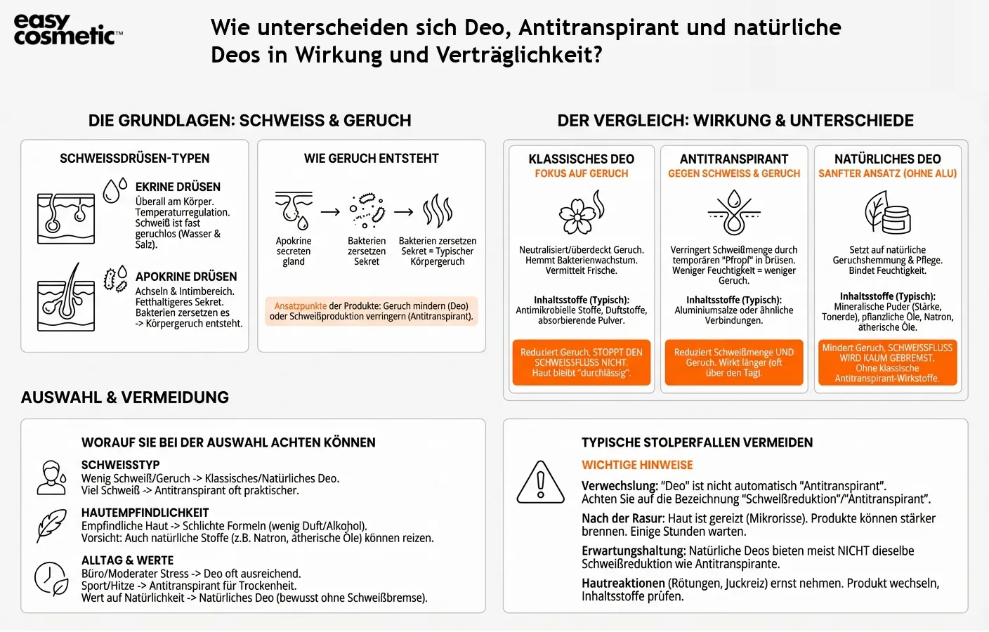 Wie unterscheiden sich Deo, Antitranspirant und natürliche Deos in Wirkung und Verträglichkeit?