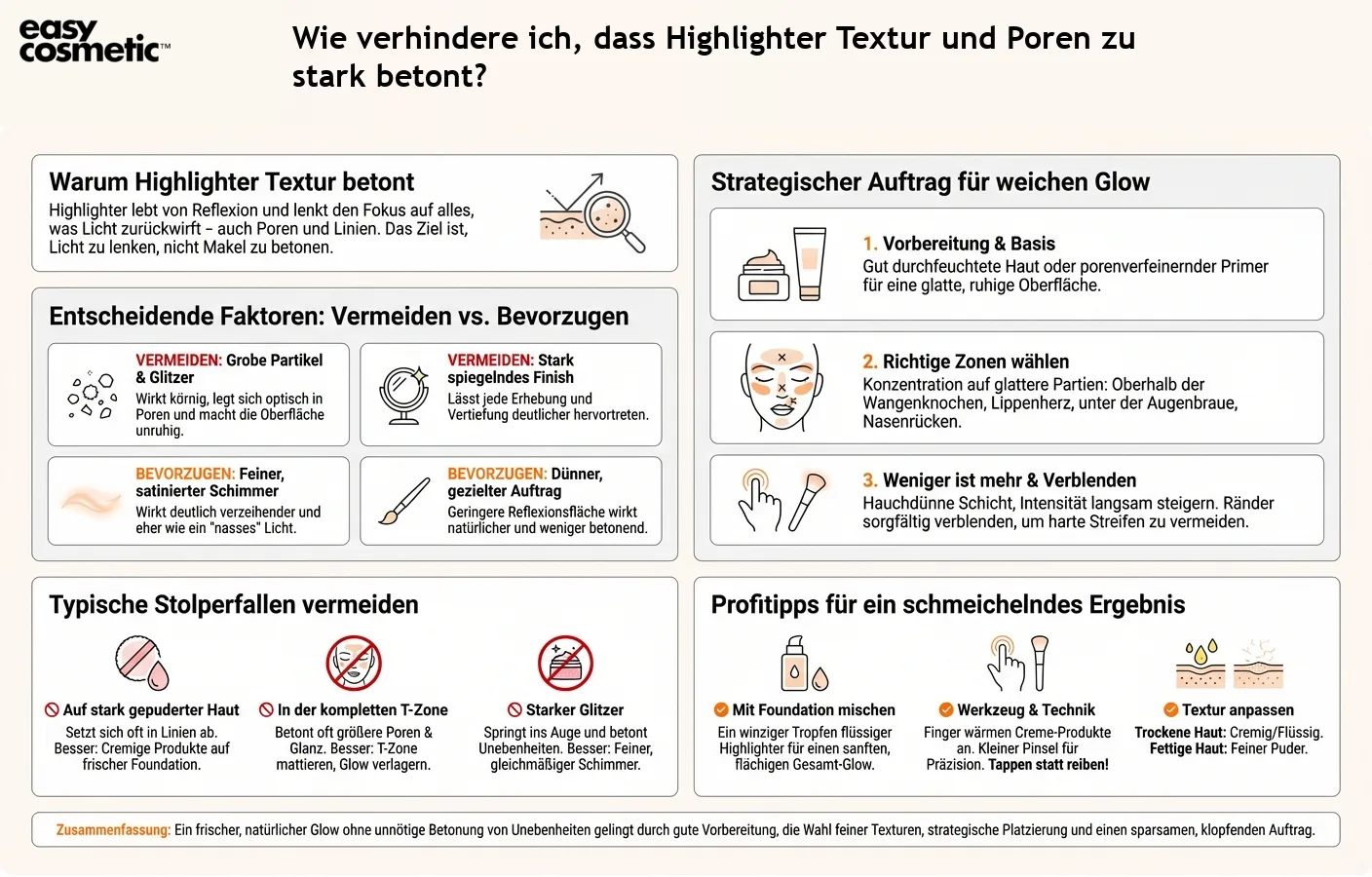 Wie verhindere ich, dass Highlighter Textur und Poren zu stark betont?