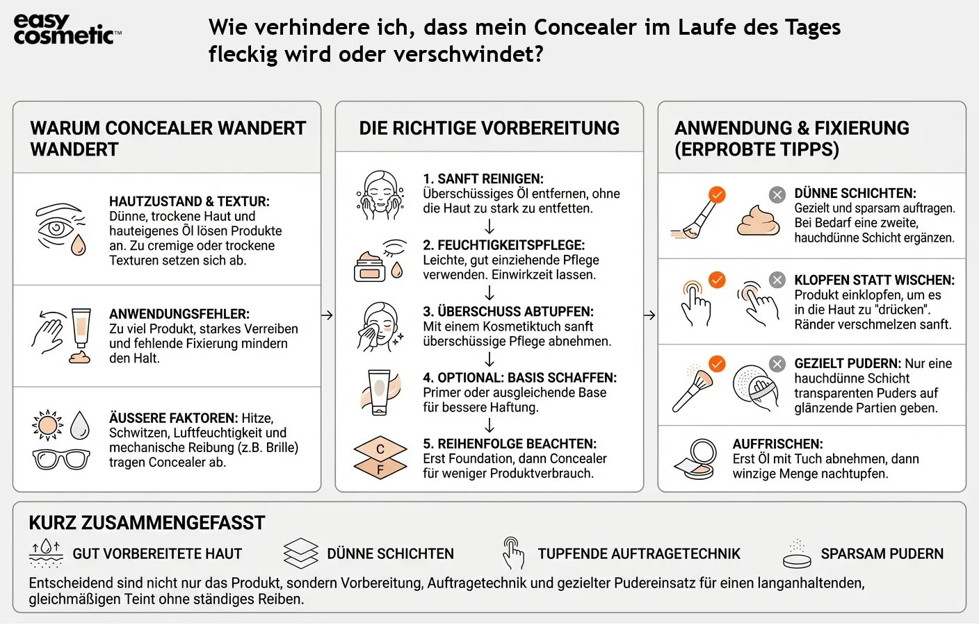 Wie verhindere ich, dass mein Concealer im Laufe des Tages fleckig wird oder verschwindet?