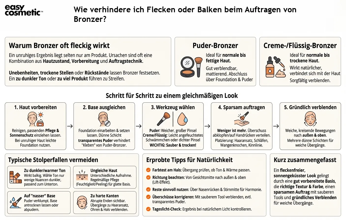 Wie verhindere ich Flecken oder Balken beim Auftragen von Bronzer?