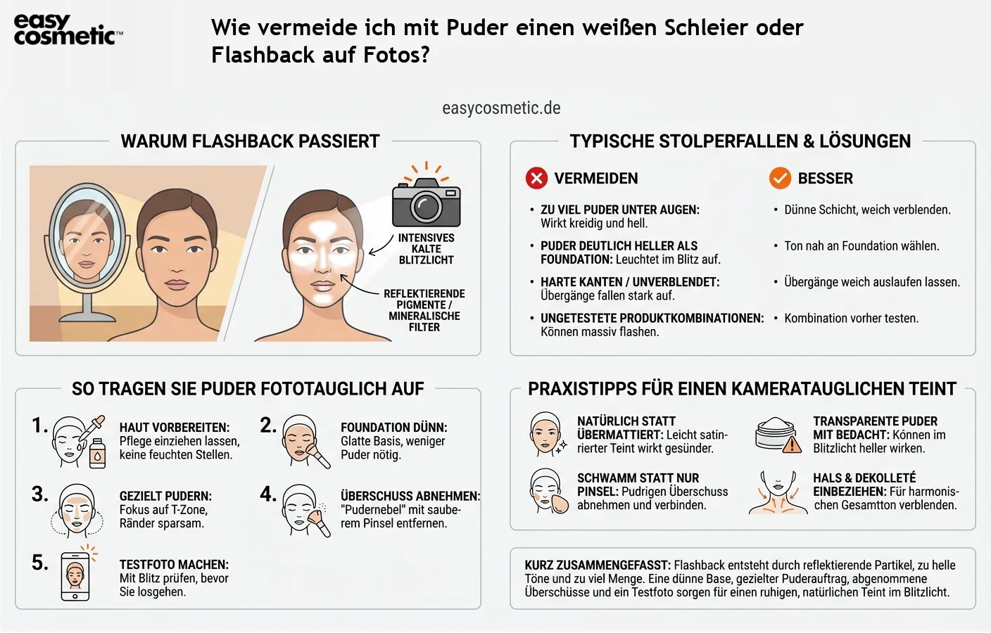 Wie vermeide ich mit Puder einen weißen Schleier oder Flashback auf Fotos?