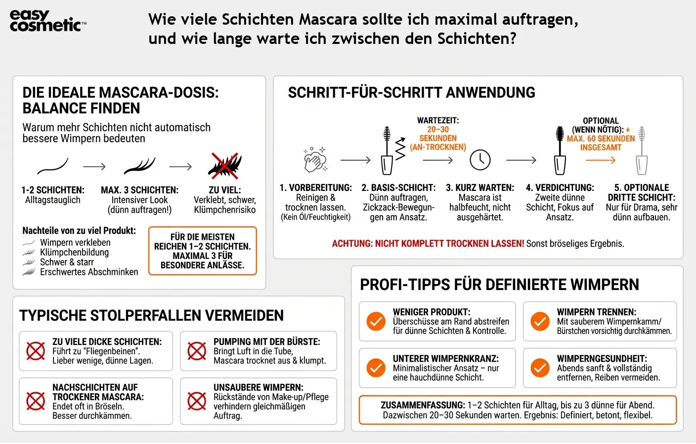 Wie viele Schichten Mascara sollte ich maximal auftragen, und wie lange warte ich zwischen den Schichten?