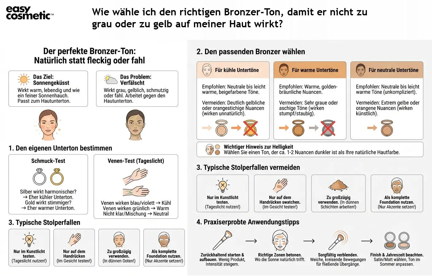 Wie wähle ich den richtigen Bronzer-Ton, damit er nicht zu grau oder zu gelb auf meiner Haut wirkt?