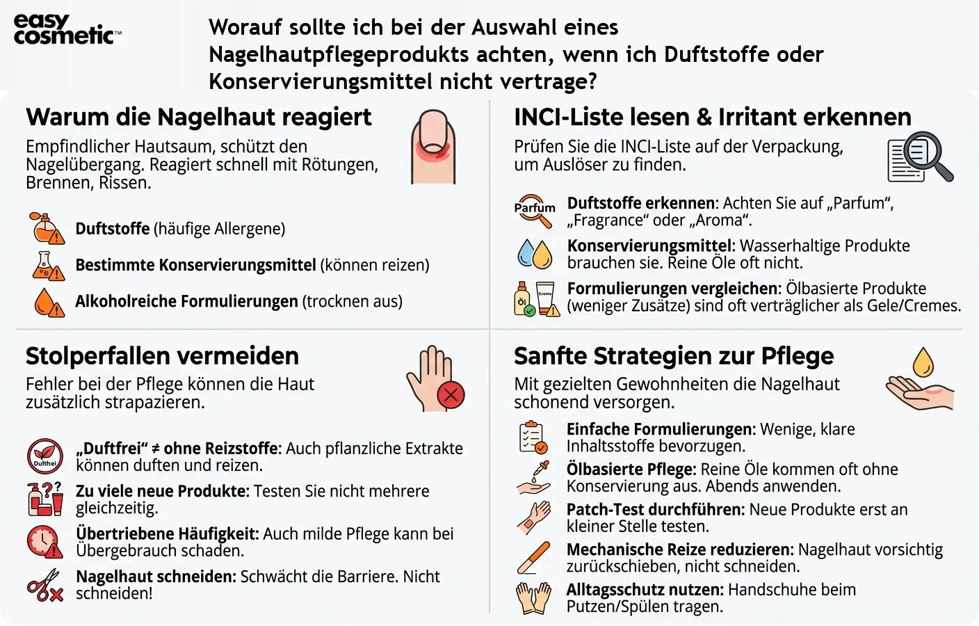 Worauf sollte ich bei der Auswahl eines Nagelhautpflegeprodukts achten, wenn ich Duftstoffe oder Konservierungsmittel nicht vertrage?