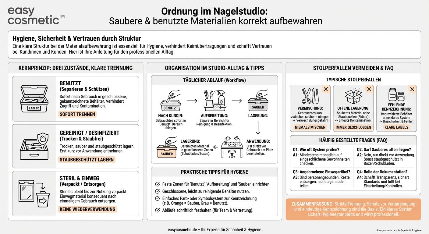 Welche Anforderungen gibt es an die Aufbewahrung von sauberem und benutztem Arbeitsmaterial im Nagelstudio?