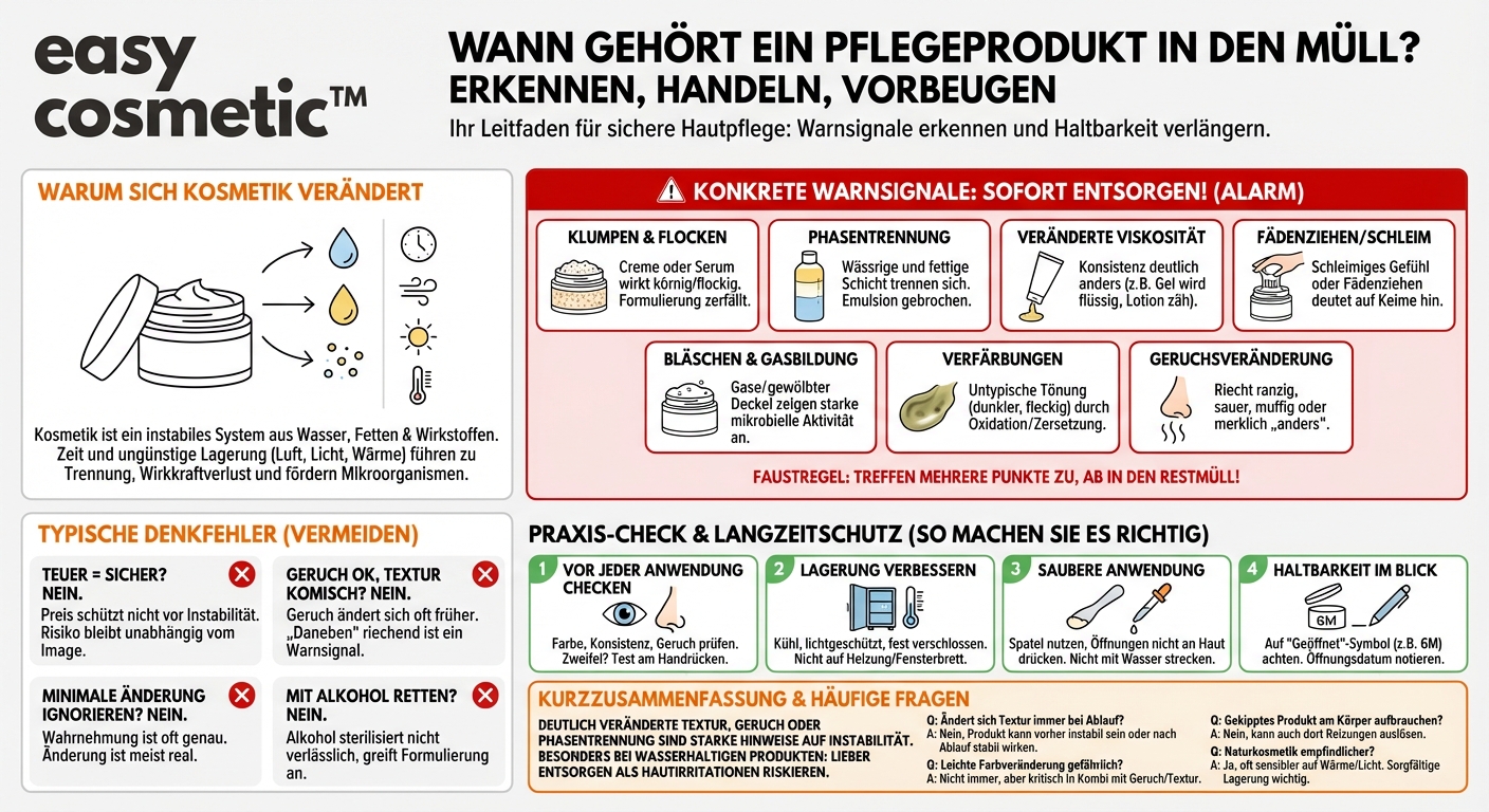 Welche Anzeichen deuten auf eine veränderte Textur hin, bei der ich die Pflege lieber entsorgen sollte?