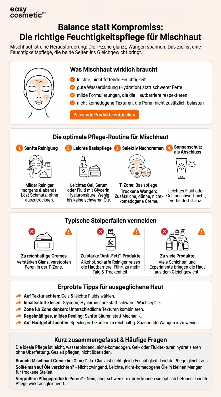 Welche Art von Feuchtigkeitspflege ist für Mischhaut sinnvoll, ohne trockene und fettige Zonen aus dem Gleichgewicht zu bringen?