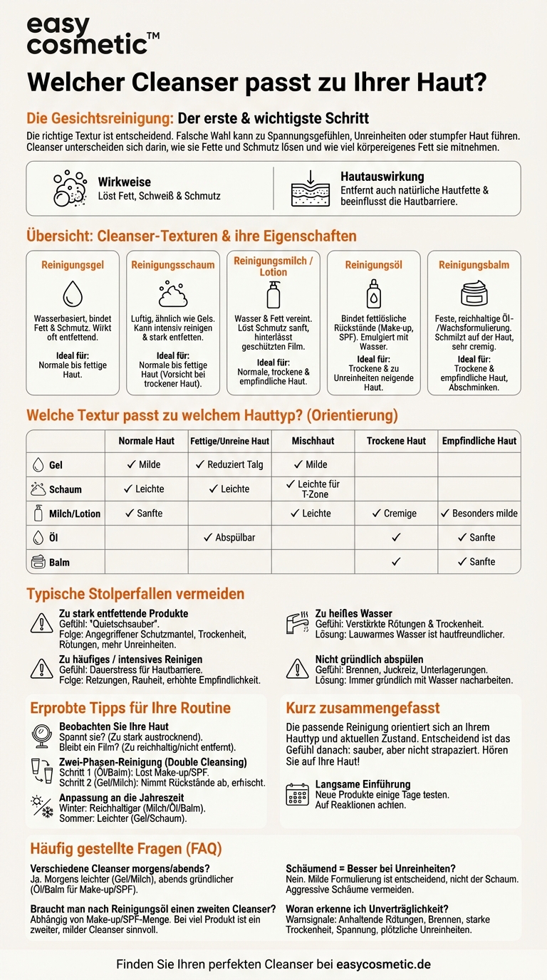 Welche Art von Reinigung (Gel, Schaum, Milch, Öl, Balm) ist für welchen Hauttyp grundsätzlich am geeignetsten?