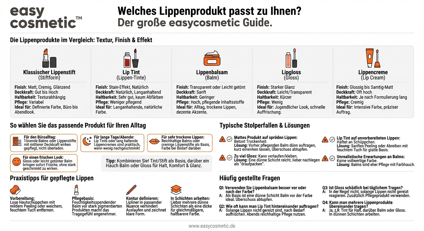 Welche Arten von Lippenprodukten (Stift, Tinte, Balm, Gloss, Creme) gibt es und wofür eignen sie sich?