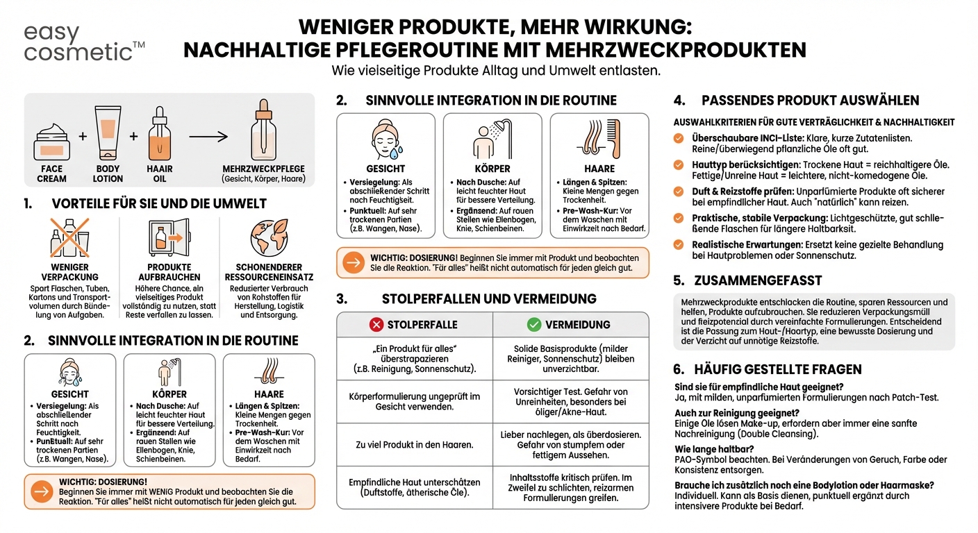 Welche Bedeutung haben Mehrzweckprodukte (z. B. Öl für Gesicht, Körper und Haare) für eine nachhaltige Pflegeroutine und worauf sollte ich bei der Auswahl achten?
