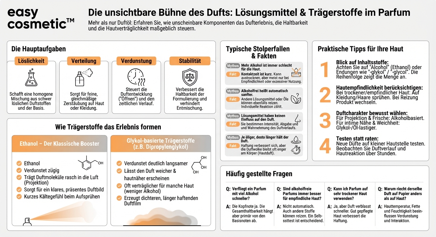 Welche Bedeutung haben topische Lösungsmittel und Trägerstoffe (z. B. Ethanol, Dipropylenglykol) im Parfum?
