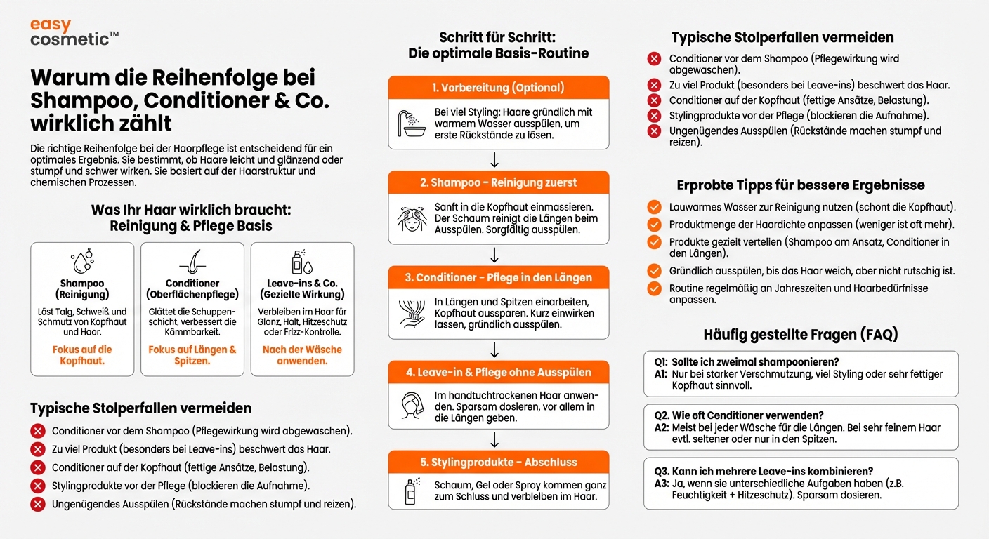 Welche Bedeutung hat die richtige Reihenfolge von Shampoo, Conditioner und weiteren Produkten in der Basisroutine?