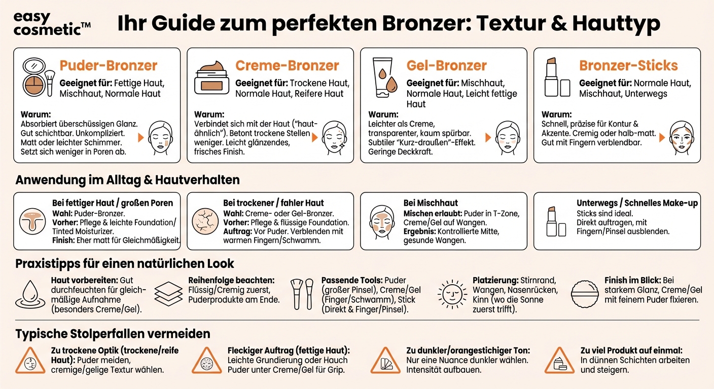 Welche Bronzer-Textur (Puder, Creme, Gel, Stick) eignet sich am besten für meinen Hauttyp?