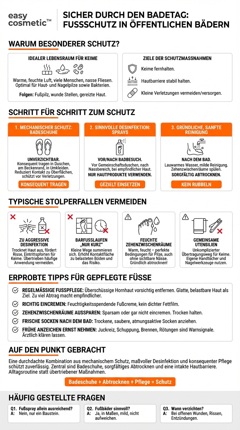 Welche Desinfektions- oder Pflegeprodukte sind sinnvoll, um Füße in öffentlichen Bädern zu schützen?