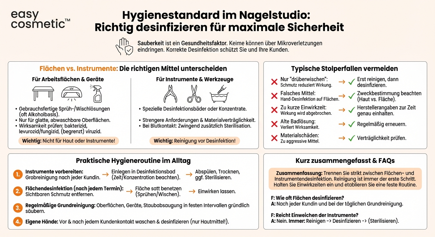 Welche Desinfektionsmittel sind für Arbeitsflächen und Instrumente im Nagelstudio geeignet?