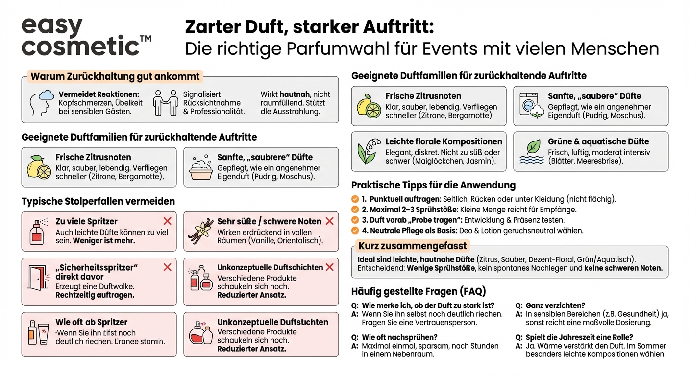 Welche dezenten Düfte sind geeignet, wenn ich bei einem Anlass vielen Menschen nah komme (z. B. Empfang, Networking-Event)?