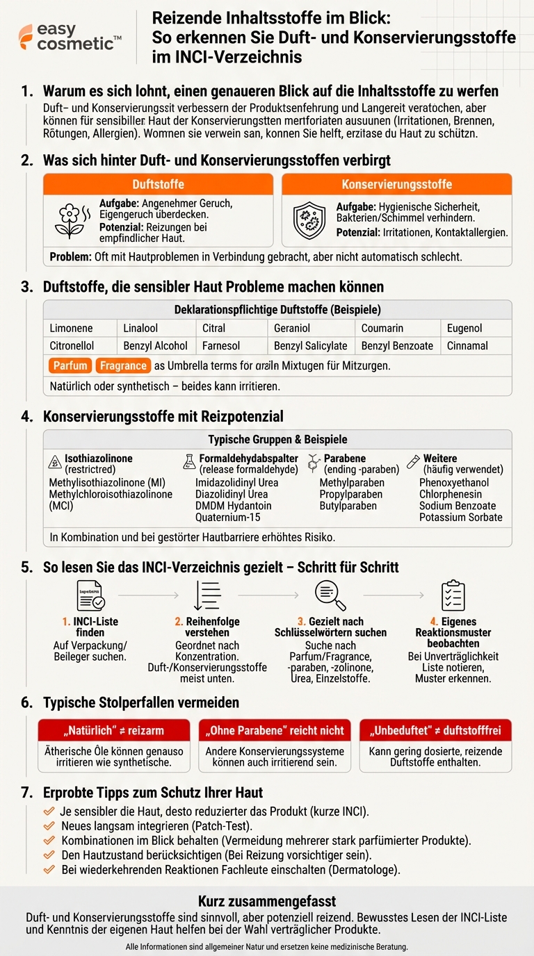 Welche Duft- und Konservierungsstoffe können die Haut reizen und wie erkenne ich sie im INCI-Verzeichnis?